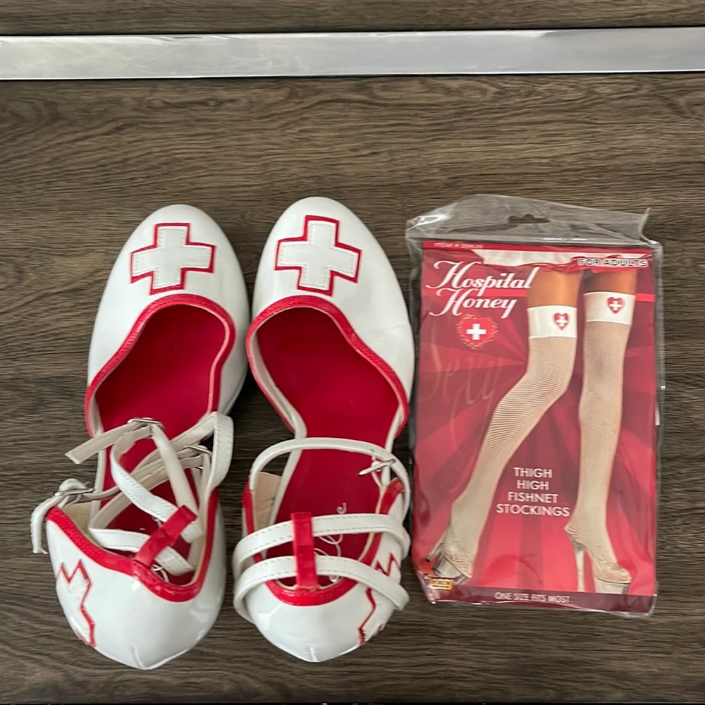 Heels and fishnet stockings for nurse costume.